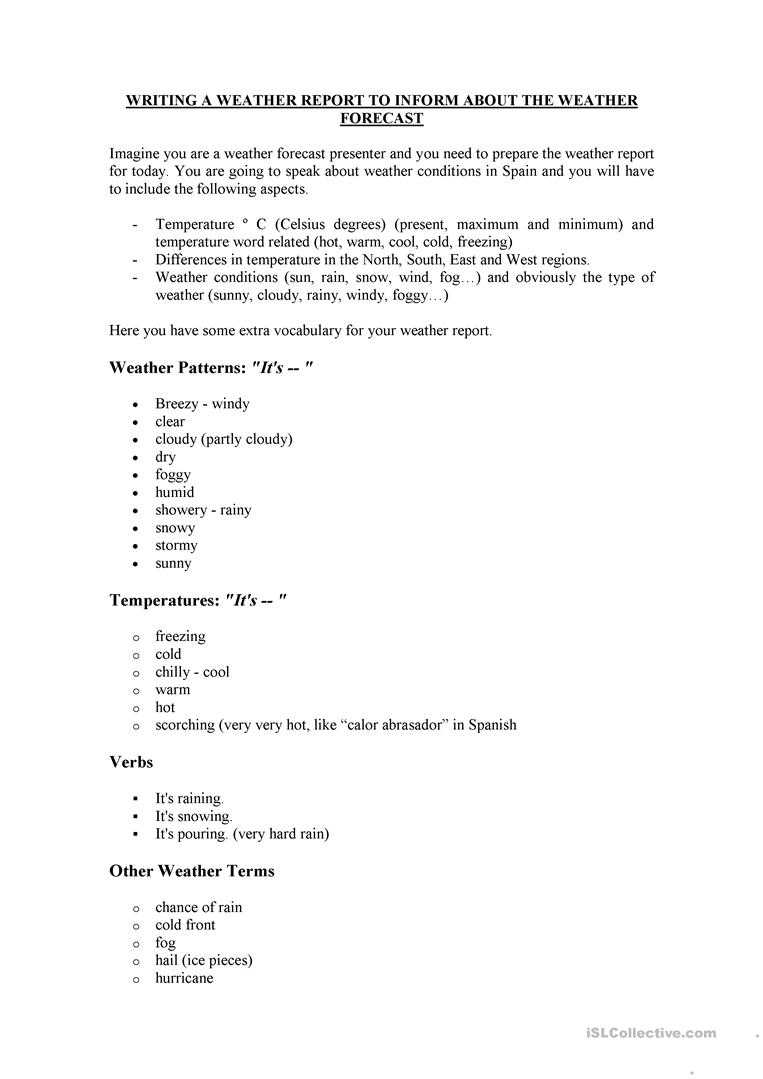 How To Write A Weather Report – English Esl Worksheets Throughout Kids Weather Report Template
