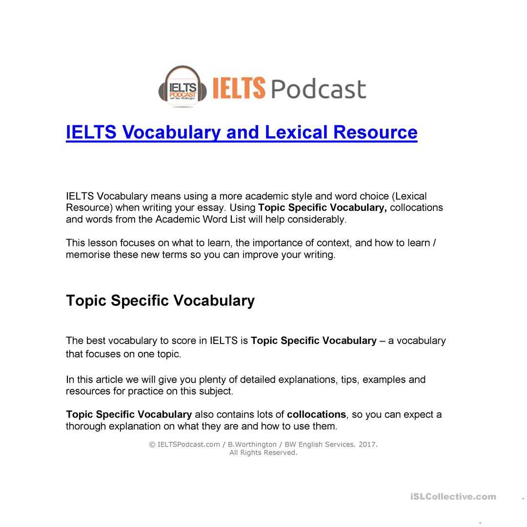 Ielts Vocabulary And Lexical Resource – English Esl Worksheets Pertaining To Vocabulary Words Worksheet Template