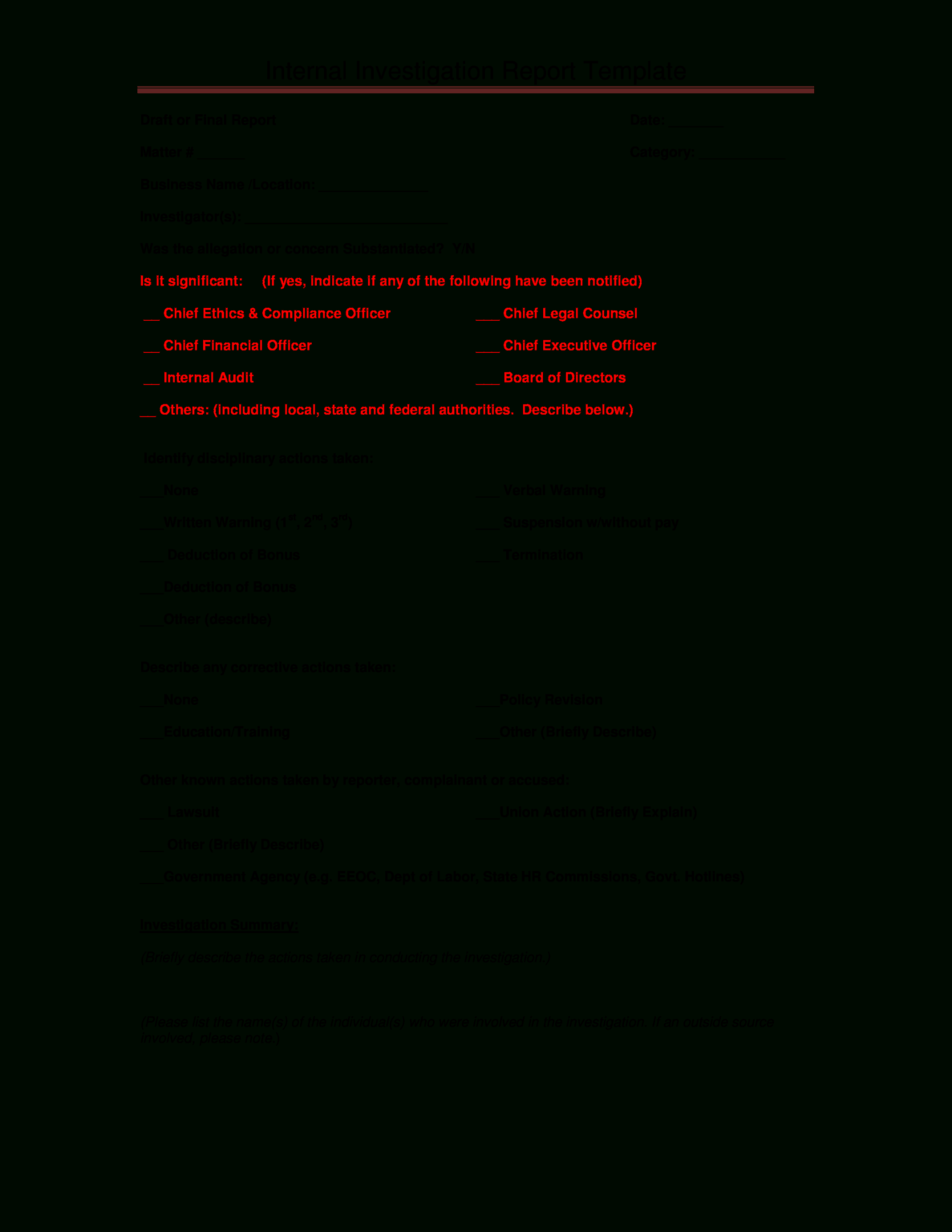 Internal Investigation Report Template | Templates At in Hr ...