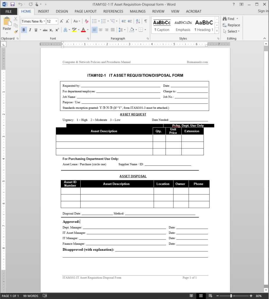 It Asset Requisition Disposal Request Template | Itam102 1 With Check Request Template Word