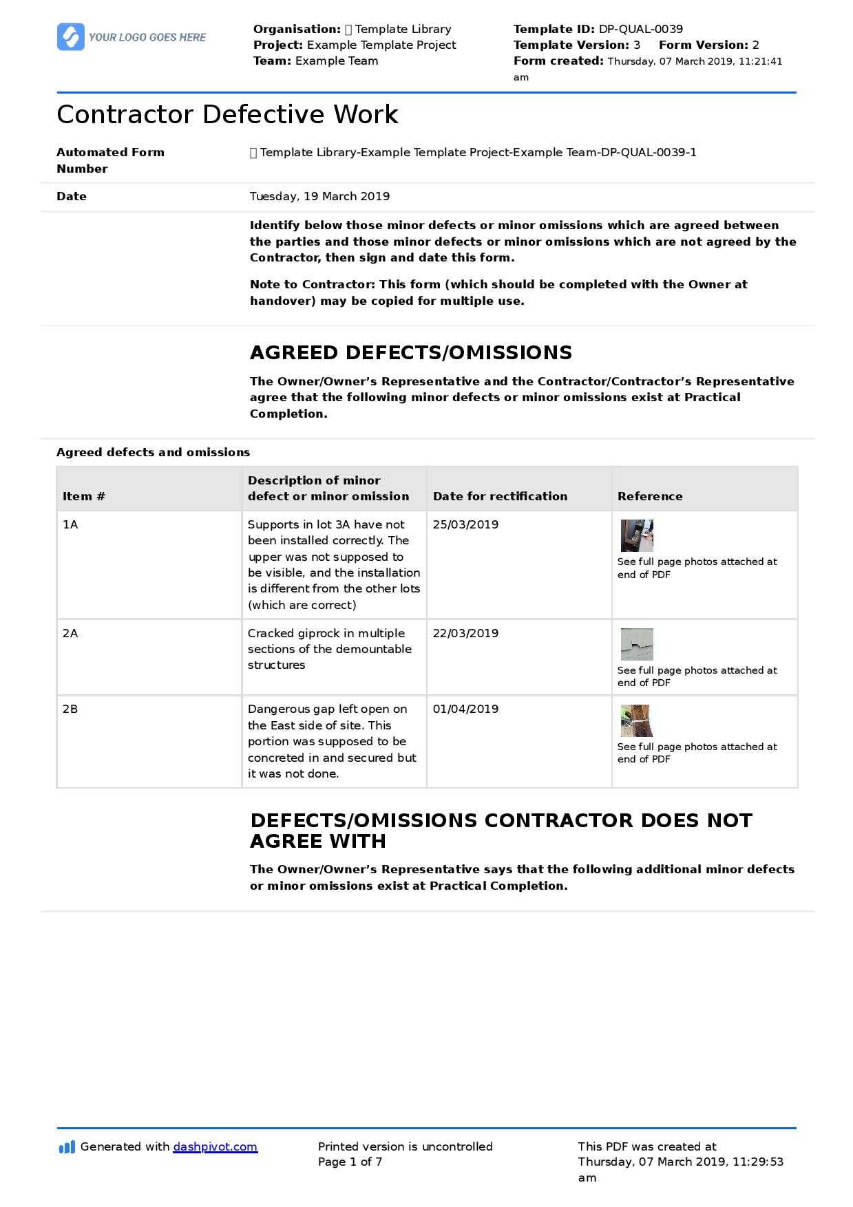 Letter To Contractor For Defective Work: Sample Letter And Intended For Construction Deficiency Report Template