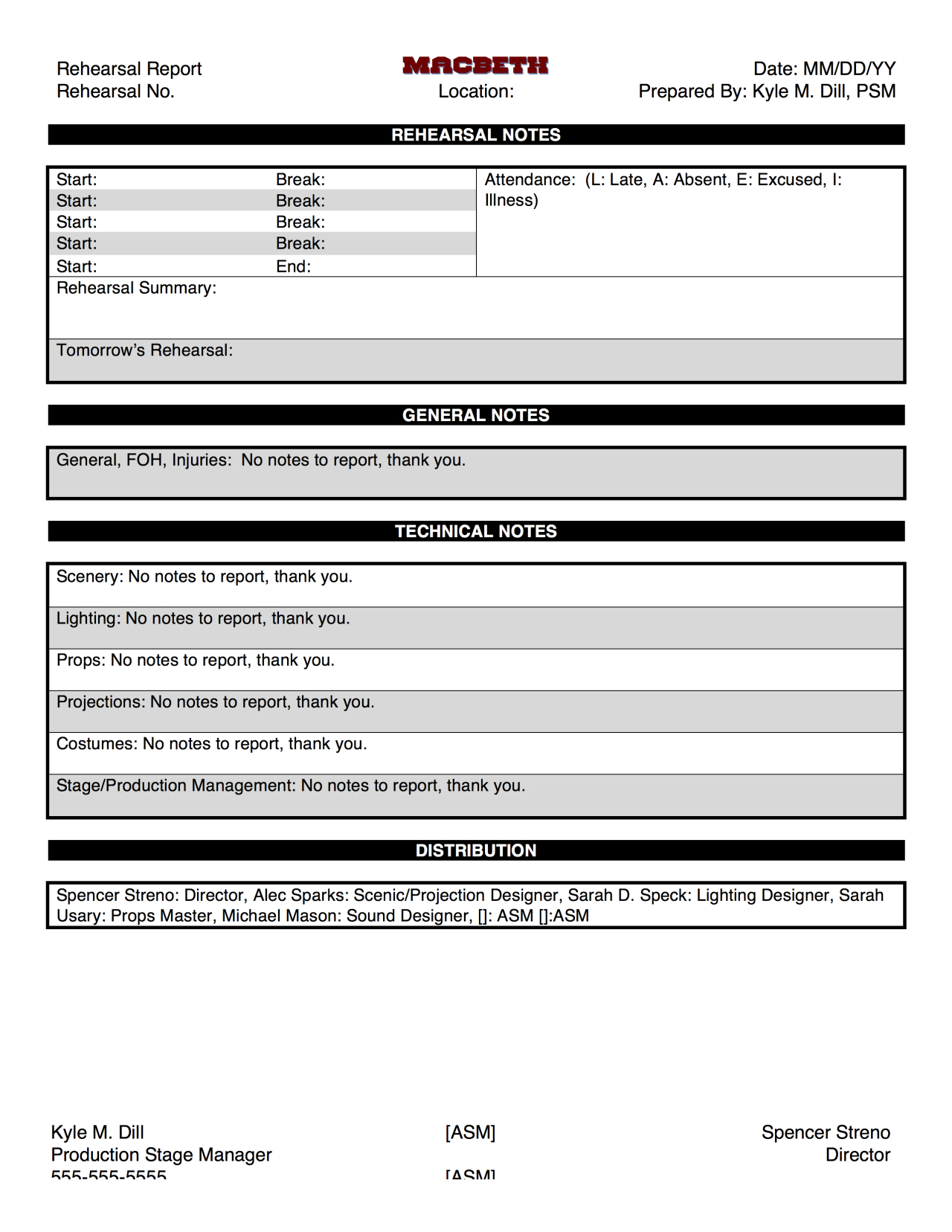 Macbeth@su Production Blog — Here's The Template For Our Within Rehearsal Report Template