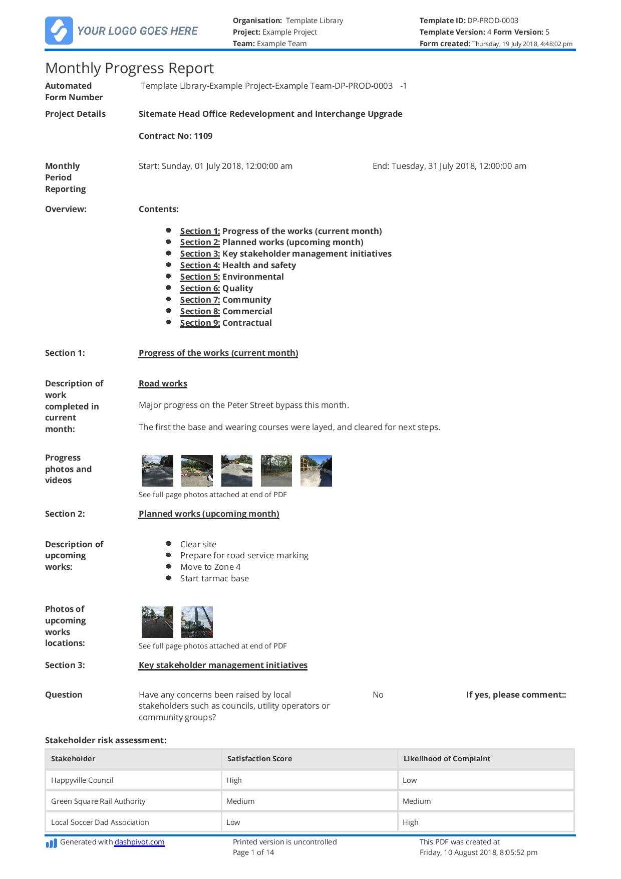 Monthly Construction Progress Report Template: Use This In Site Progress Report Template