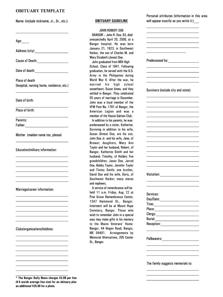 Obituary Template – Fill Online, Printable, Fillable, Blank Pertaining To Fill In The Blank Obituary Template