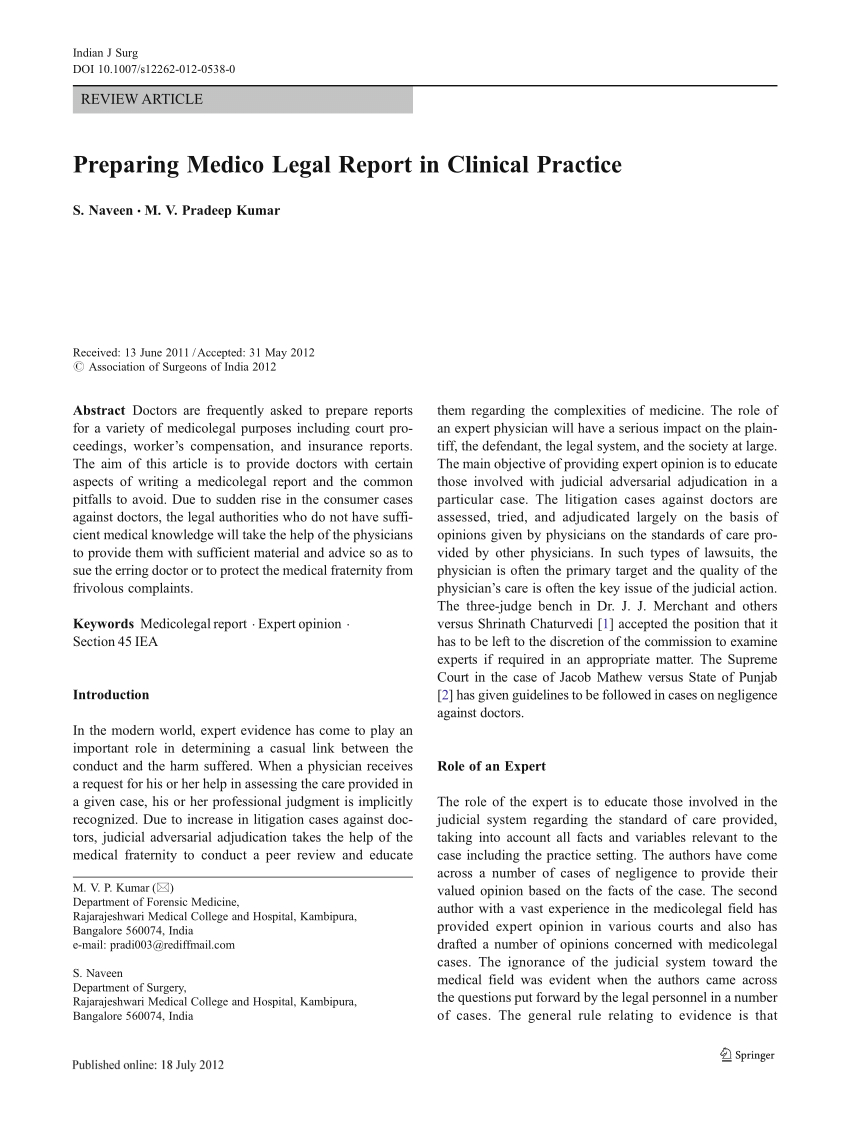 Pdf) Preparing Medico Legal Report In Clinical Practice Inside Medical Legal Report Template