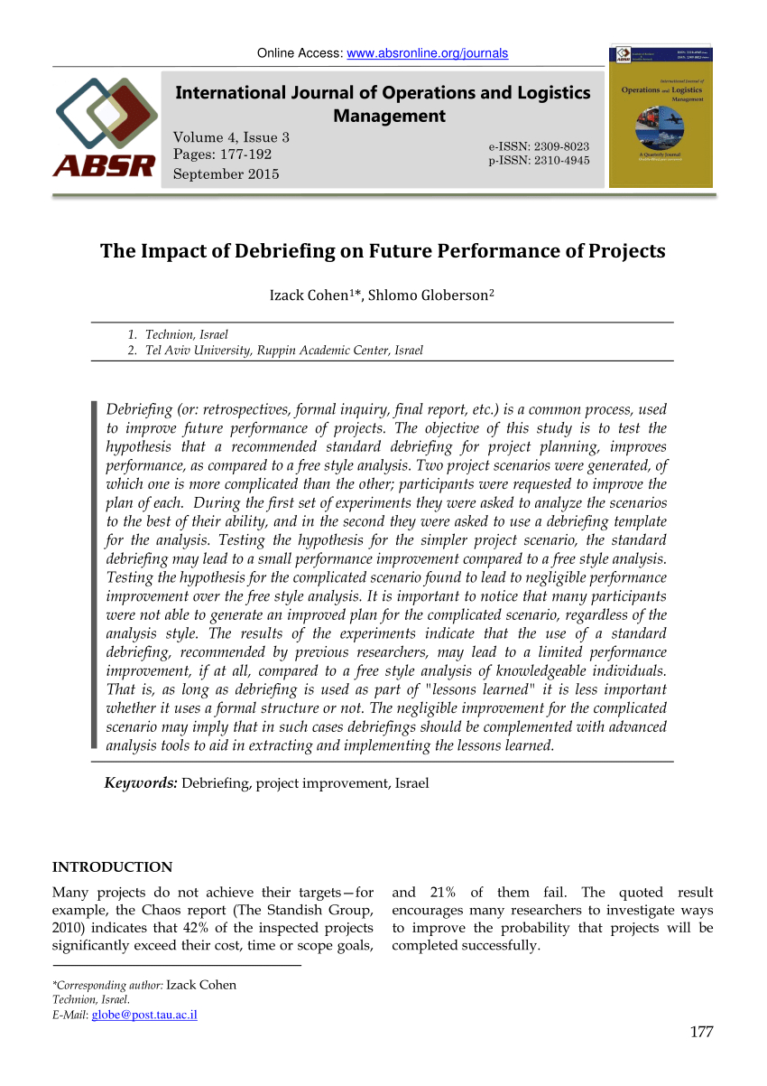 Pdf) The Impact Of Debriefing On Future Performance Of Projects Intended For Debriefing Report Template