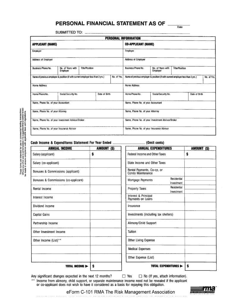 Personal Financial Statement Rma Form C 101 – Fill Online Pertaining To Blank Personal Financial Statement Template