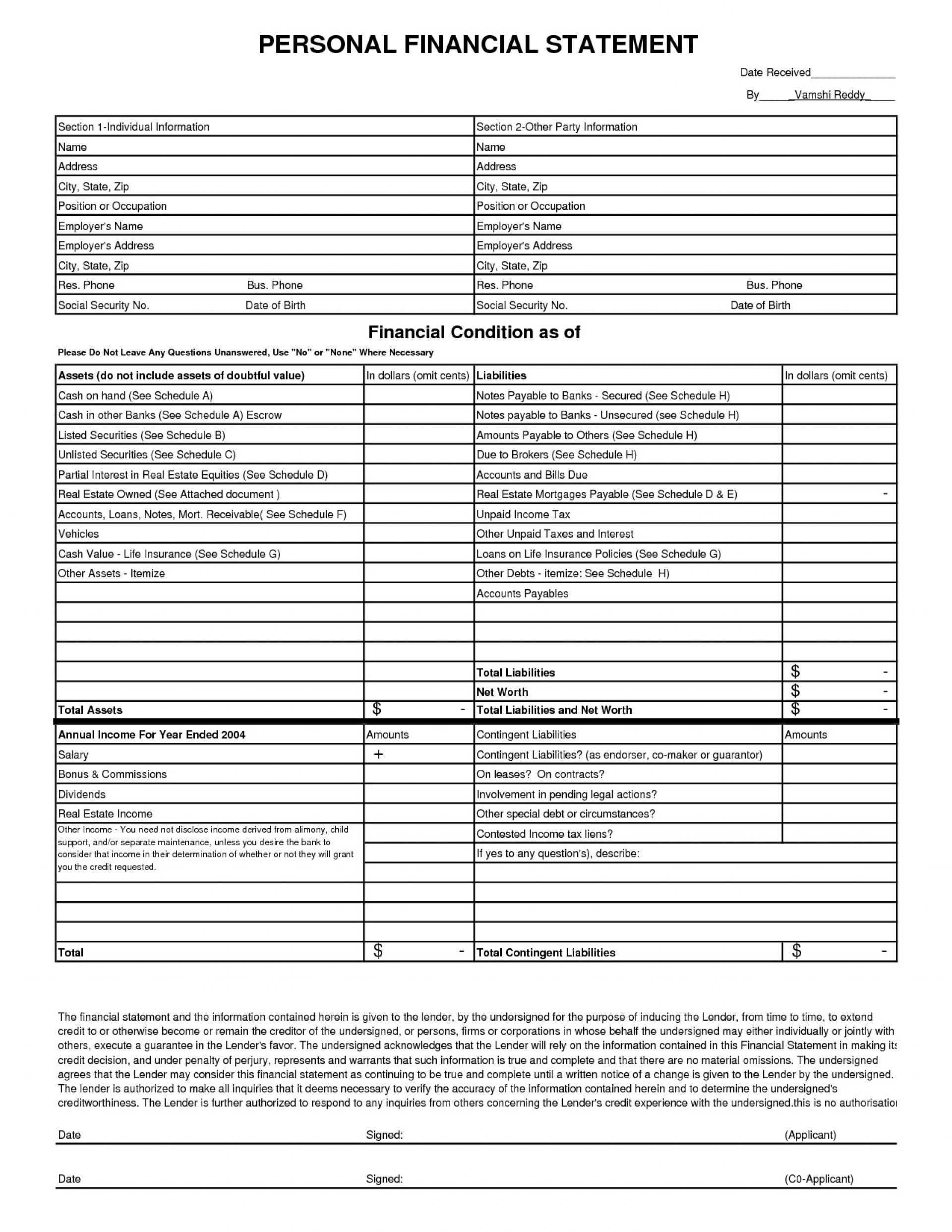 Personal Financial Statement Template Microsoft Word Format Within Blank Personal Financial Statement Template