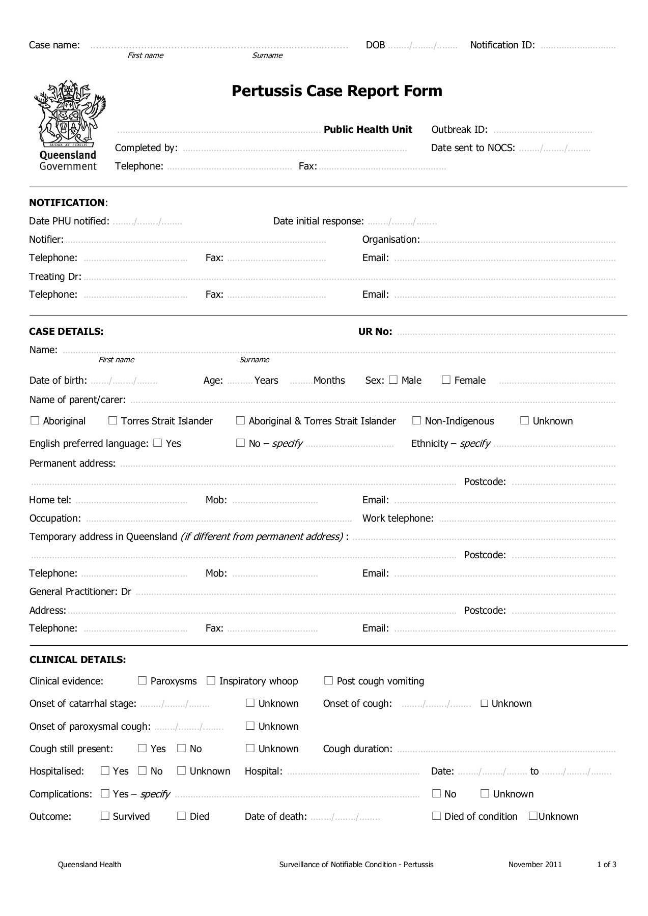 Pertussis Case Report Form – Queensland Health Throughout Case Report Form Template Clinical Trials