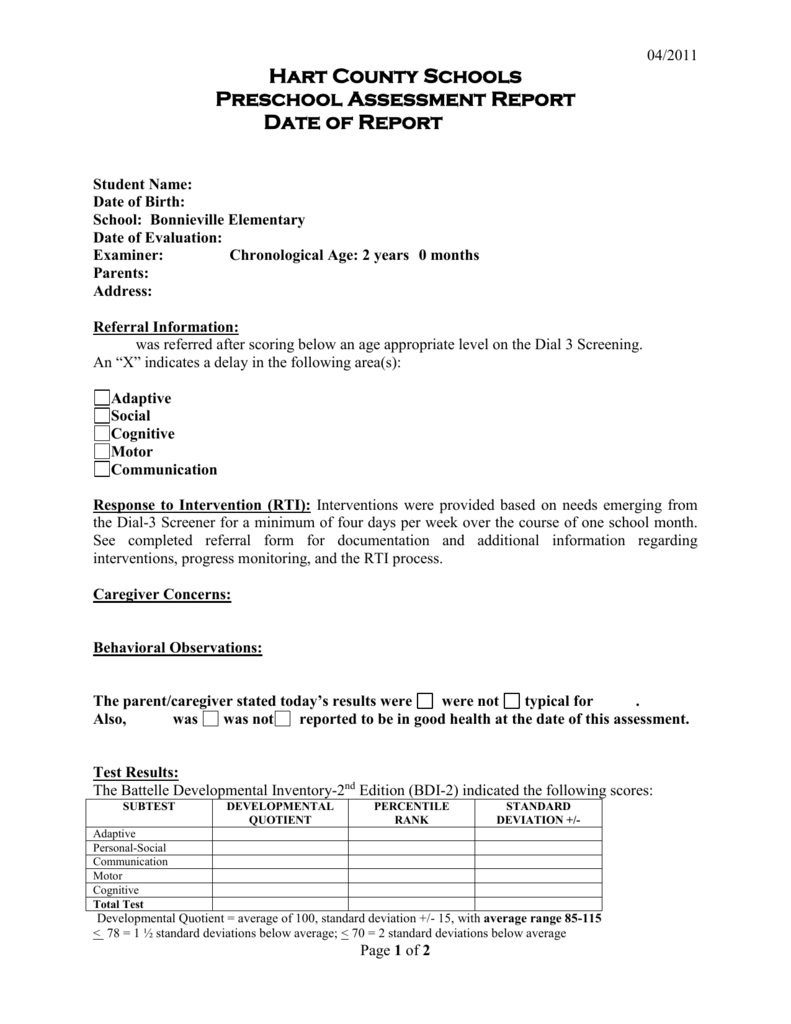 Preschool Evaluation Report Template Pertaining To Intervention Report Template