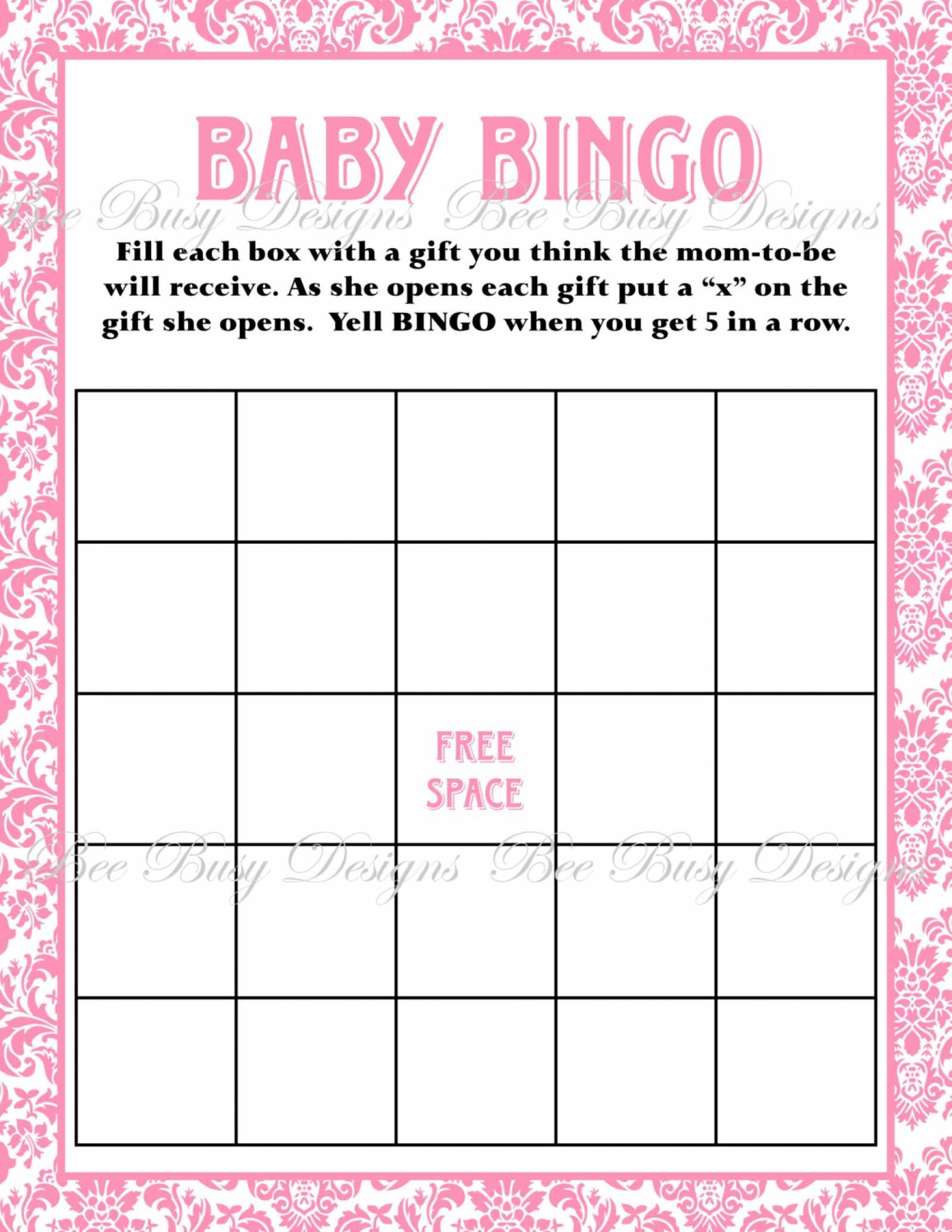 Printable Pink Damask Baby Shower Bingo Game Instant Download For Blank Bridal Shower Bingo Template