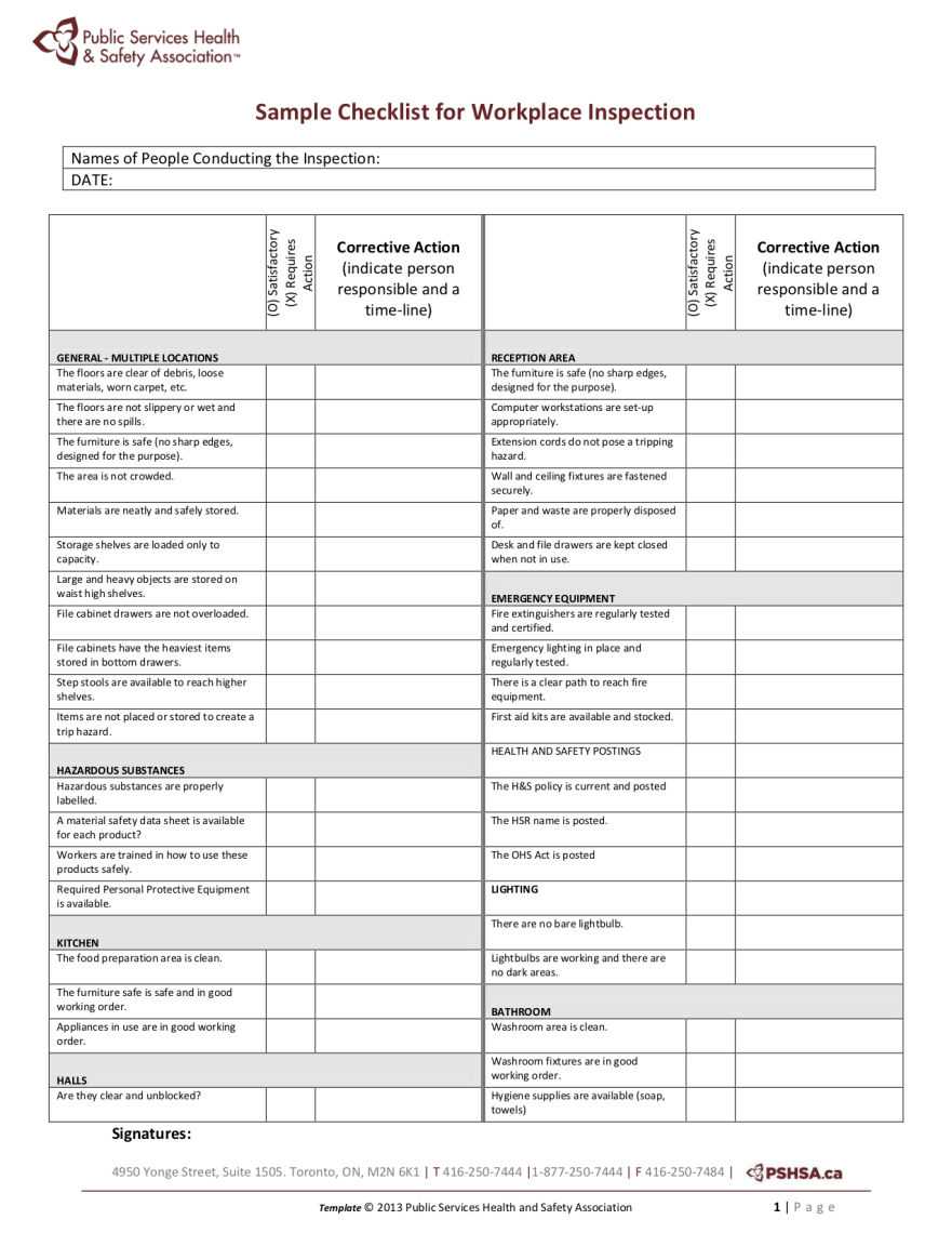 Pshsa | Sample Workplace Inspection Checklist With Regard To Monthly Health And Safety Report Template
