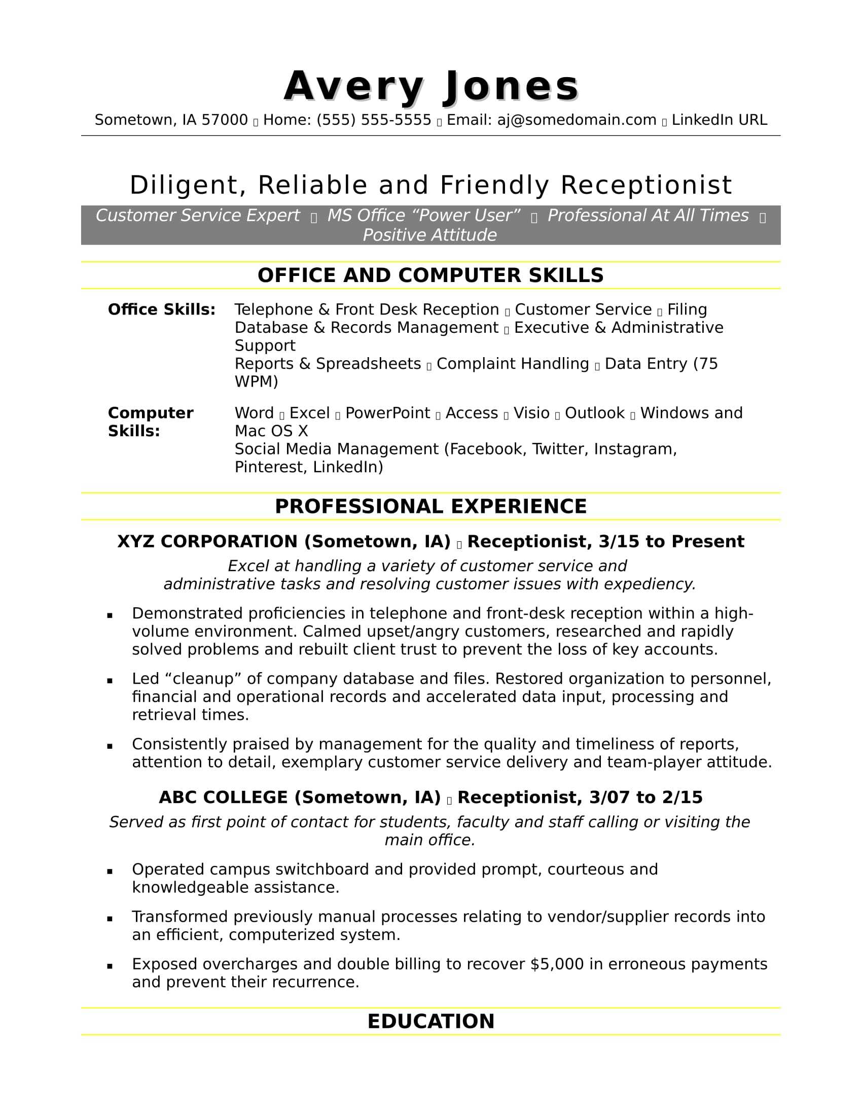 Receptionist Resume Sample | Monster Intended For Community Service Template Word