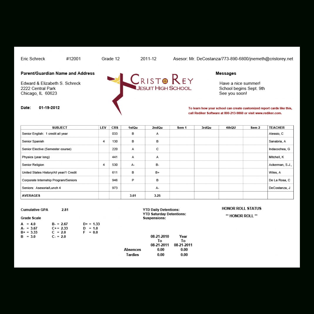 Student Report Template Examples High School Card Pertaining To High 