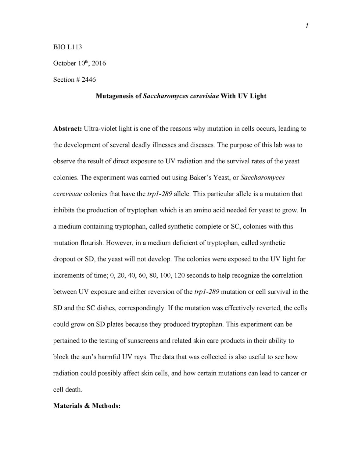 Report Examples Bio Lab Example Ib Biology Hl Sample College in Biology ...