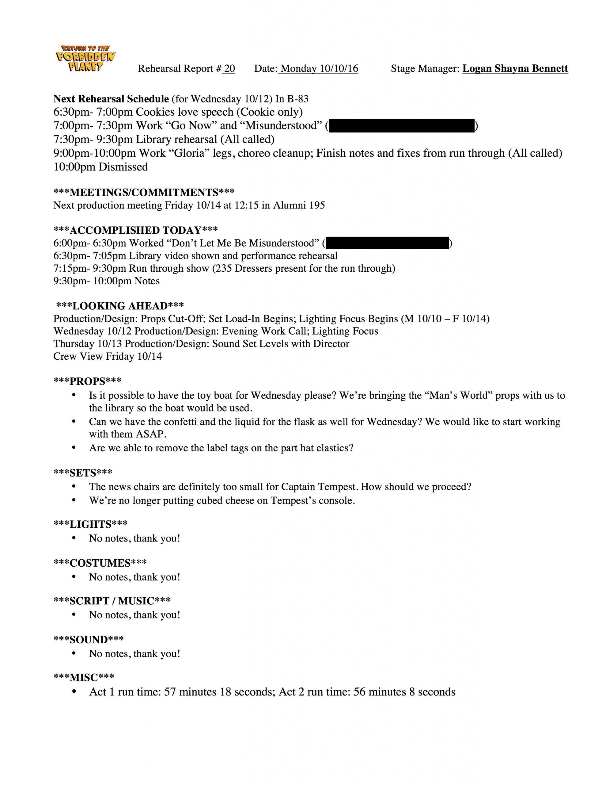 Report Examples Rehearsal Template Page 3 Stage Manager Pertaining To Rehearsal Report Template