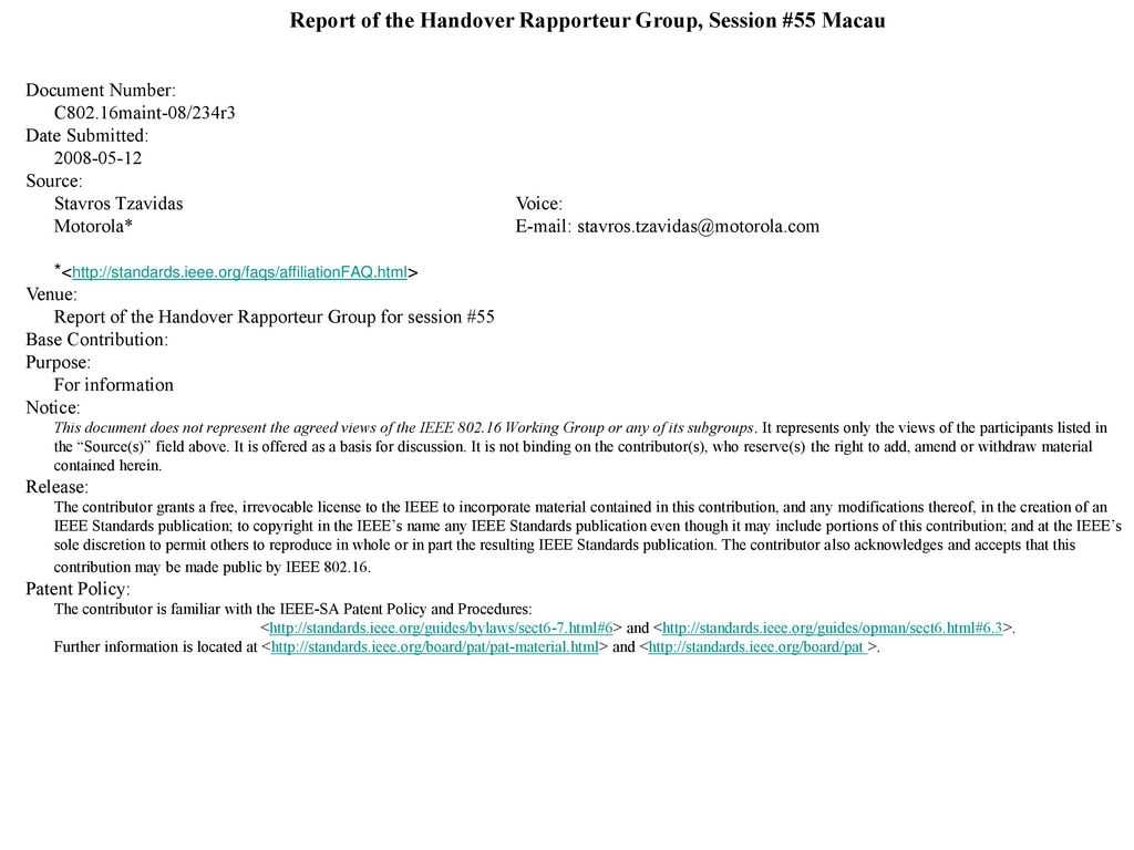 Report Of The Handover Rapporteur Group, Session #55 Macau With Regard To Rapporteur Report Template
