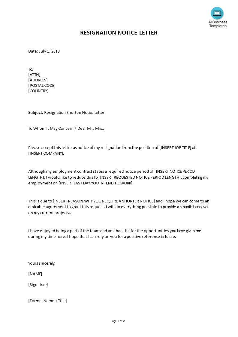 Resignation Shorten Notice Letter Sample | Templates At For Two Week Notice Template Word