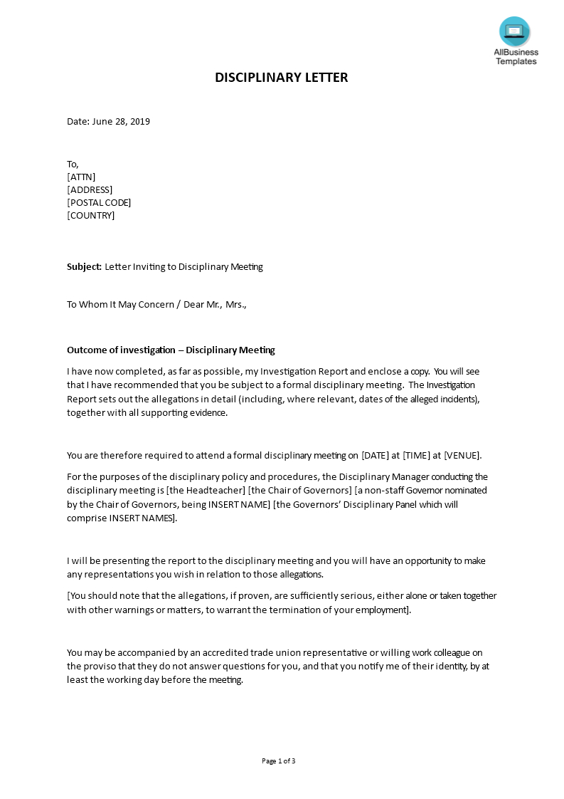 Sample Letter Inviting To Disciplinary Meeting | Templates At Pertaining To Investigation Report Template Disciplinary Hearing