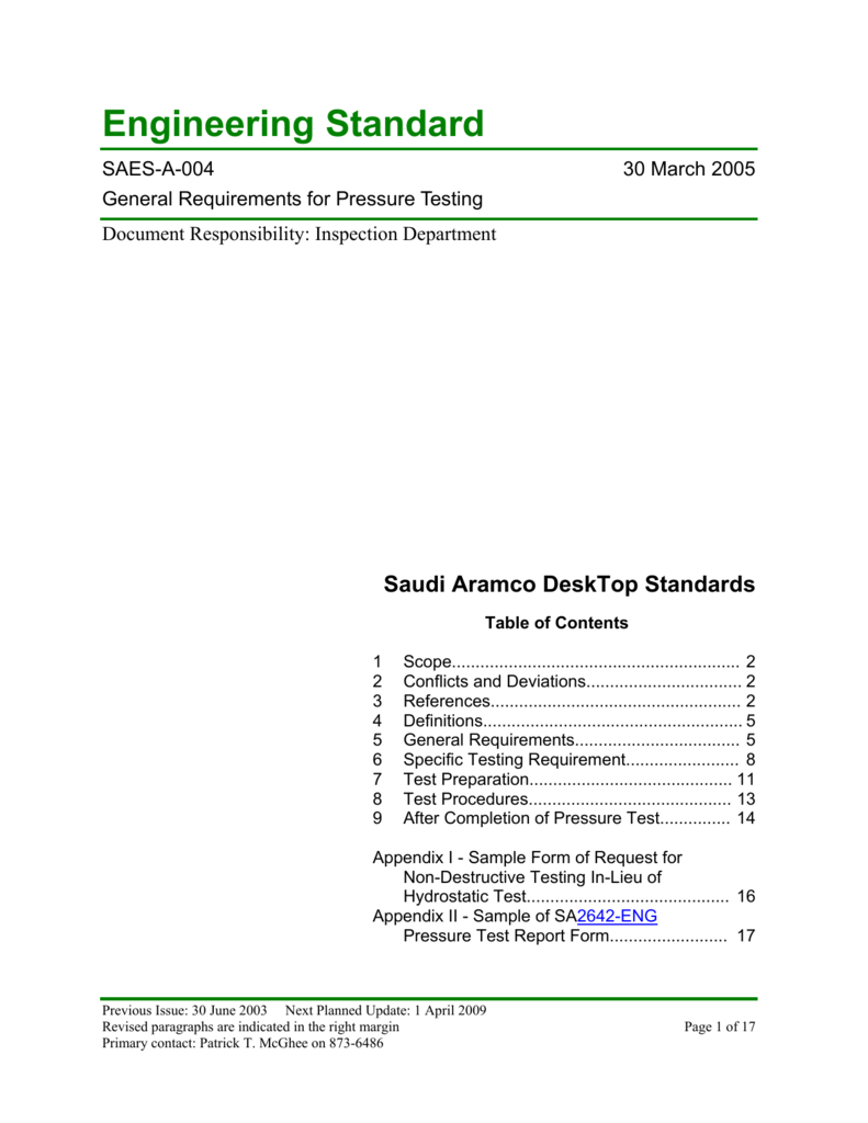 Saudi Aramco Engineering Standard Within Hydrostatic Pressure Test Report Template
