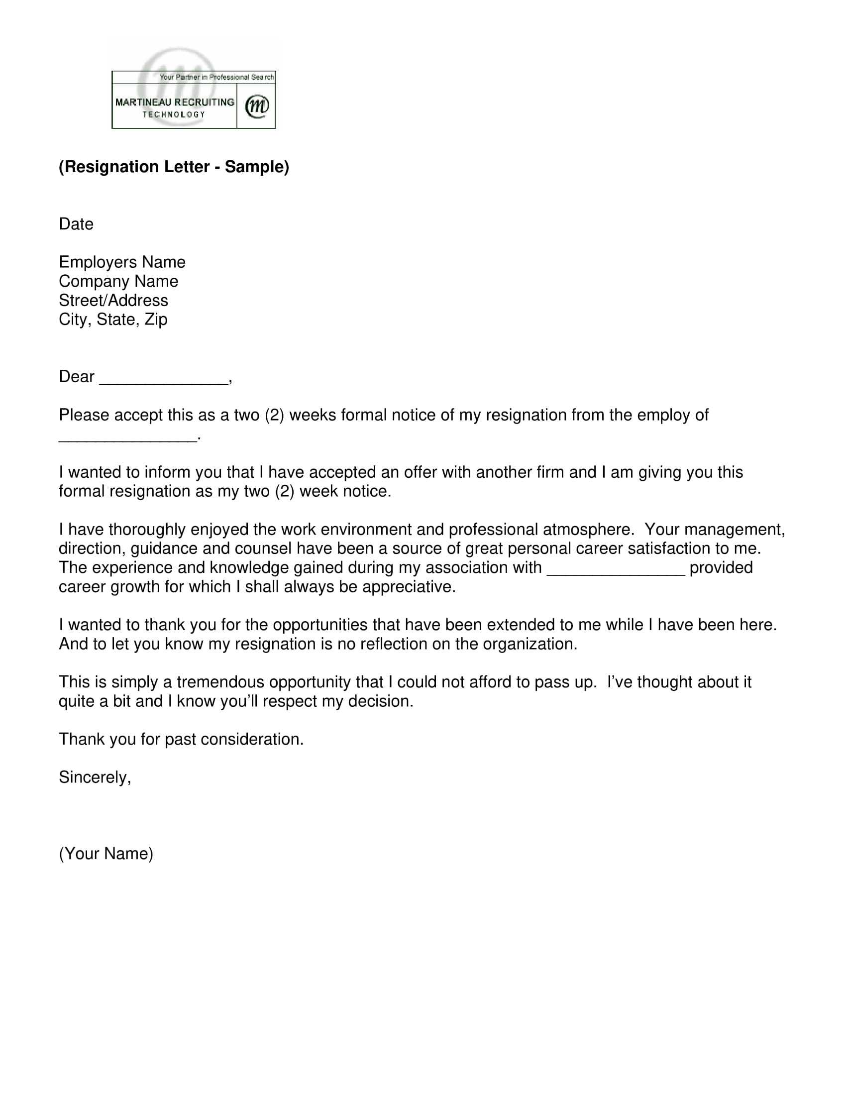 Simple 2 Weeks Notice Letter – C Punkt With 2 Weeks Notice Template Word