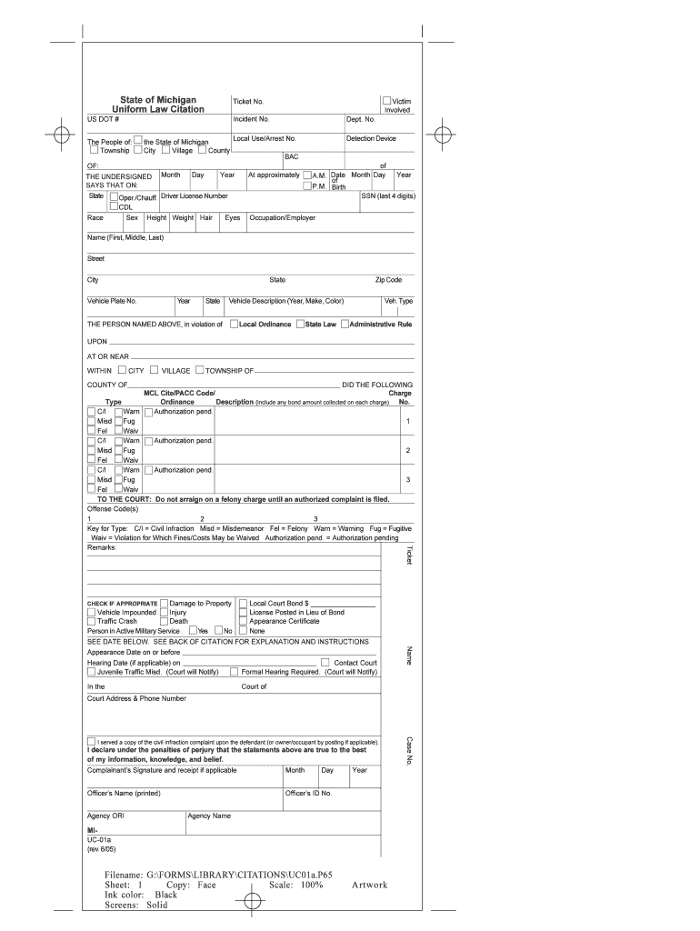 State Of Michigan Uniform Law Citation – Fill Online With Blank Speeding Ticket Template