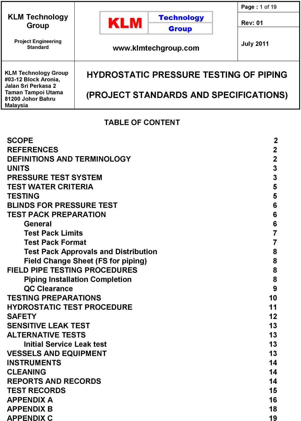 Table Of Content – Pdf Free Download For Hydrostatic Pressure Test Report Template