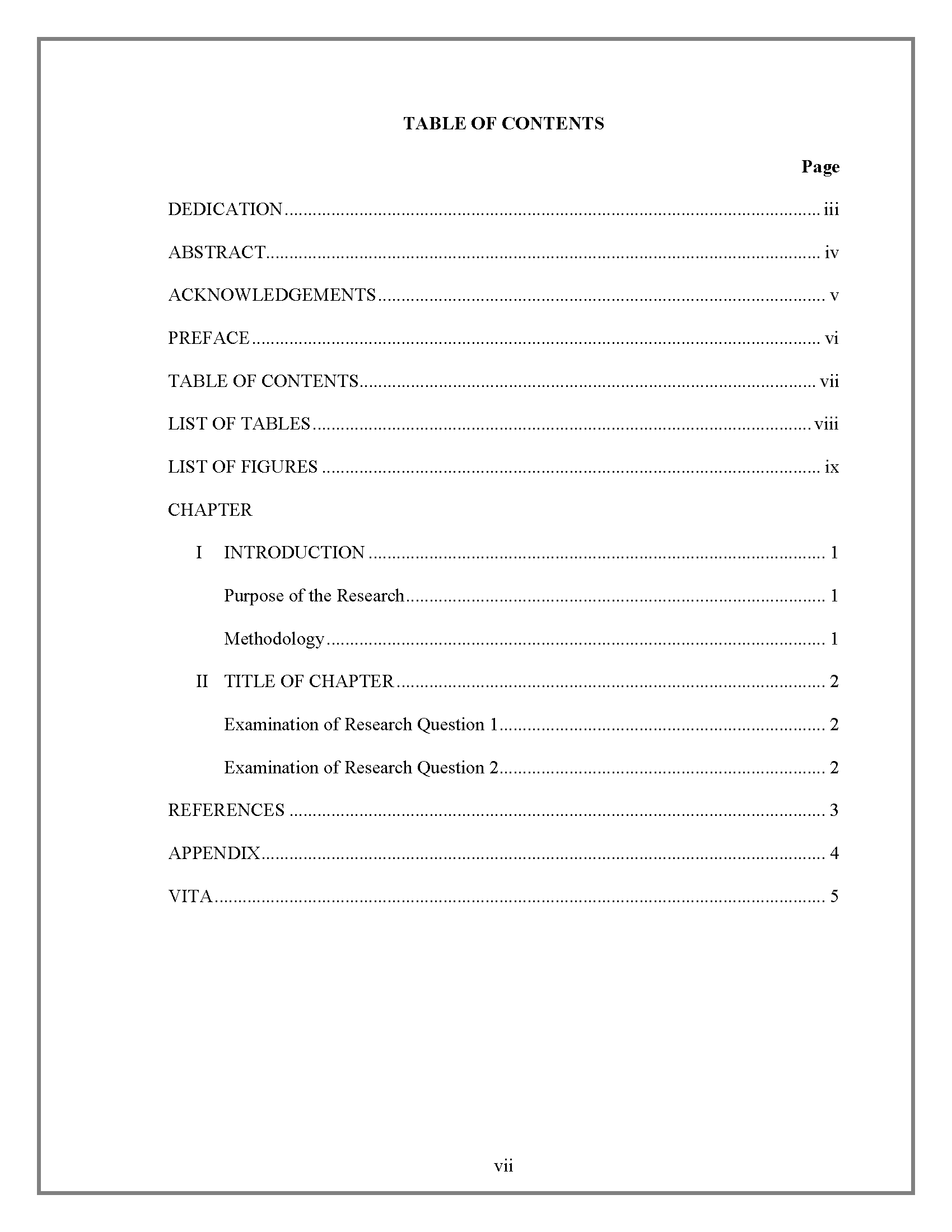 Table Of Contents – Thesis And Dissertation – Research Throughout Microsoft Word Table Of Contents Template