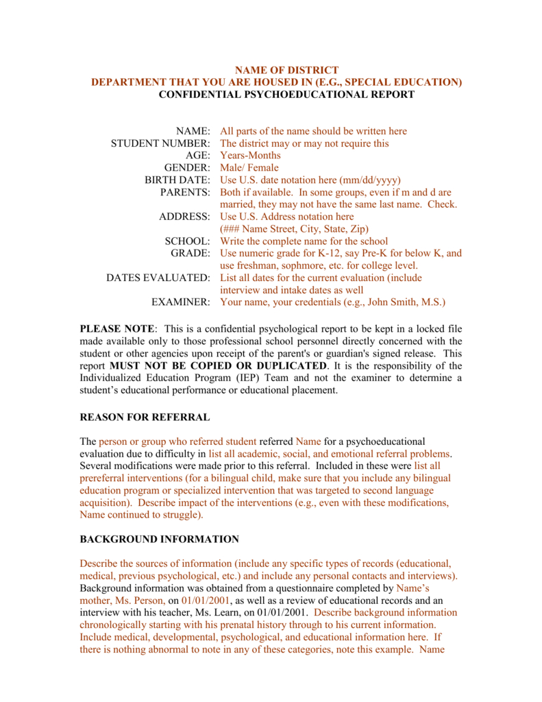 Template For A Bilingual Psychoeducational Report Throughout School Psychologist Report Template