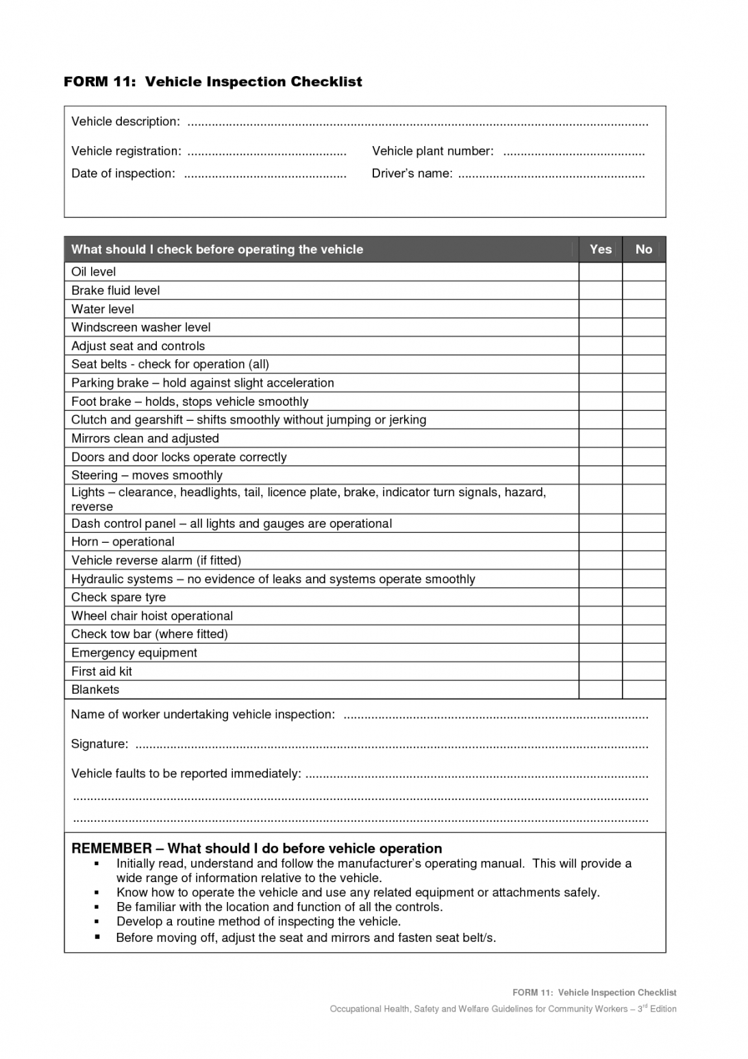 Vehicle Safety Inspection Checklist Form Maintenance Report Pertaining To Fault Report Template Word