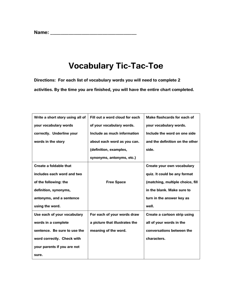 Vocabulary Tic Tac Toe Intended For Tic Tac Toe Template Word
