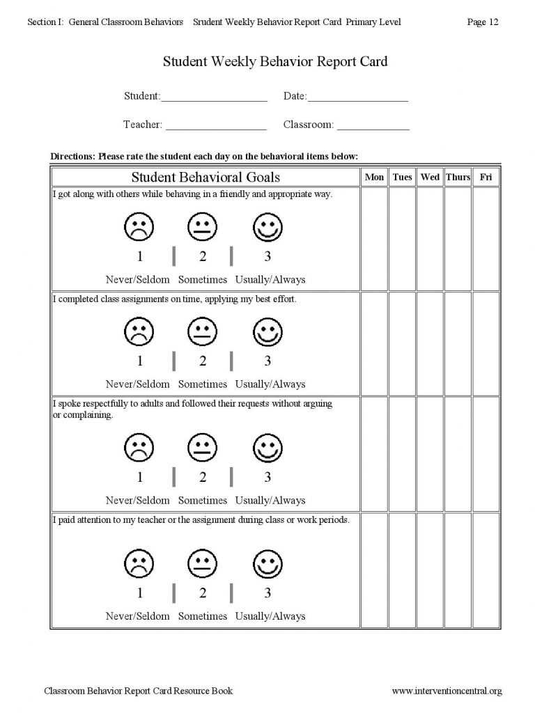 Weekly Behavior Report Template Student Progress Card Pertaining To Behaviour Report Template