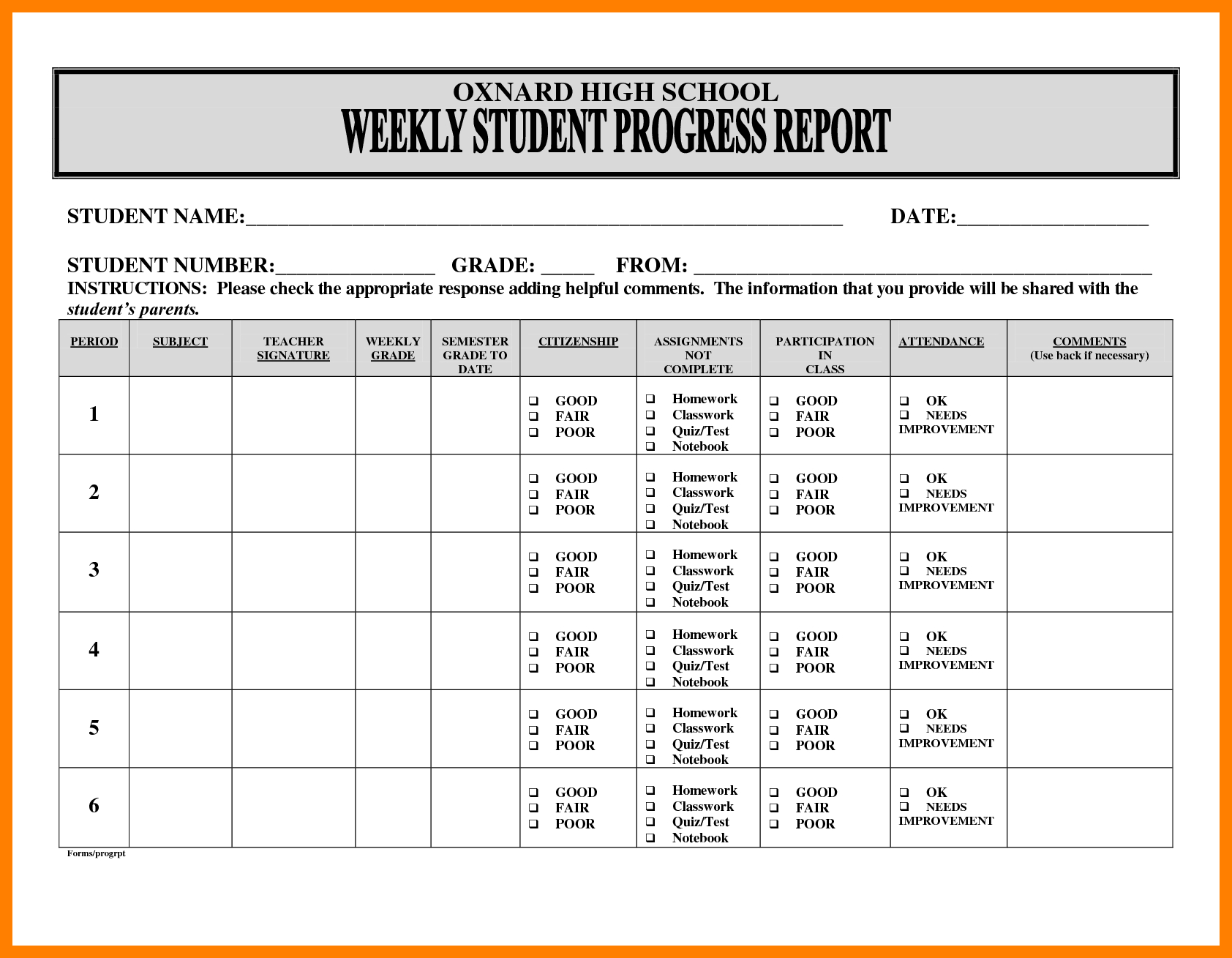 Weekly Ogress Report Template Format Pdf Doc For Teachers Within School Progress Report Template